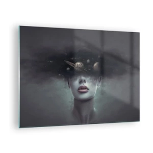Obraz na skle - Žena s planétami namiesto hlavy v surrealistickej kompozícii - 70x50cm - A planéty… - Moderná nástenná dekorácia do obývacej izby a spálne ARTTOR