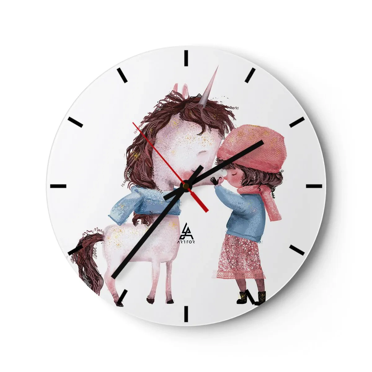 Nástenné hodiny - Dievča v zimnom oblečení bozkáva jednorožca na bielom pozadí - 30x30cm - Zimný príbeh - Moderná nástenná dekorácia do obývacej izby, kuchyne a spálne ARTTOR