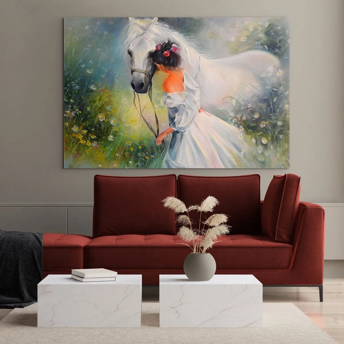 Obraz na skle - Žena v bielych šatách s bielym koňom na lúke plnej kvetov. - 70x50cm - Ako z krásneho sna - Moderná nástenná dekorácia do obývacej izby a spálne ARTTOR