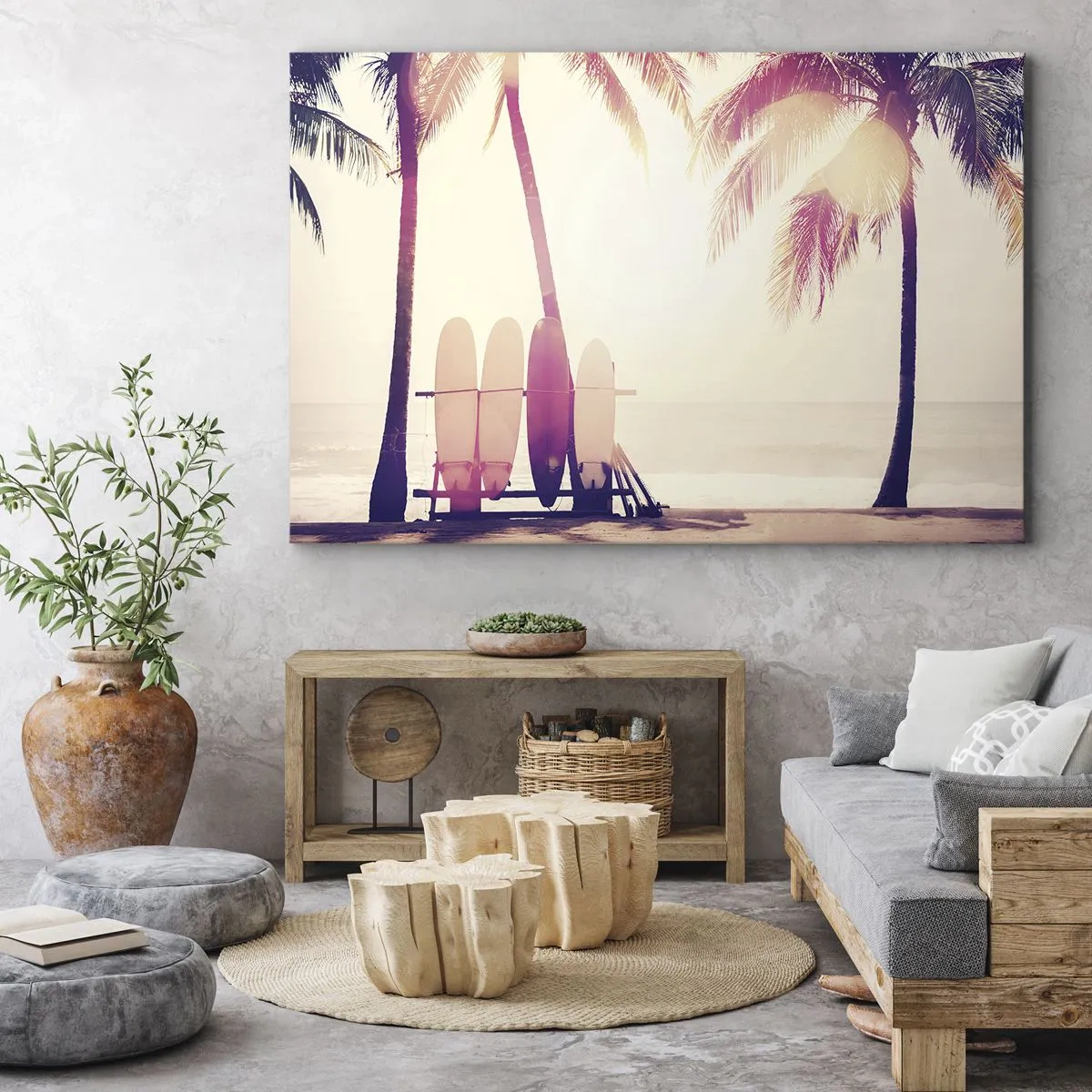 Obraz na plátne - Palmy a surfy na pláži zaliatom slnkom - 70x50cm - Bude to skvelý deň - Moderná nástenná dekorácia do obývacej izby a spálne ARTTOR