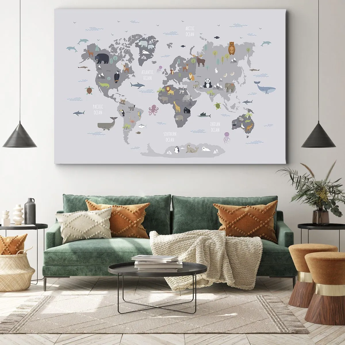 Obraz na plátne - Mapa sveta s ilustráciami zvierat na sivom pozadí - 70x50cm - Povedz mi, odkiaľ si... - Moderná nástenná dekorácia do obývacej izby a spálne ARTTOR