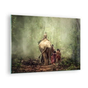 Obraz na skle - Slon v lese s deťmi v tradičných krojoch - 70x50cm - Nová Kniha džunglí - Moderná nástenná dekorácia do obývacej izby a spálne ARTTOR