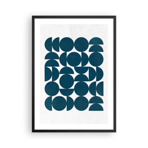 Plagát v čiernom ráme - Geometrická kompozícia s modrými kruhmi - 50x70cm - Kruhy a polkruhy - Moderná nástenná dekorácia do obývacej izby a spálne ARTTOR