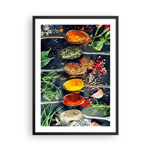 Plagát v čiernom ráme - Farebné koreniny a bylinky na kovových lyžičkách - 50x70cm - Kulinárska mágia - Moderná nástenná dekorácia do obývacej izby a spálne ARTTOR
