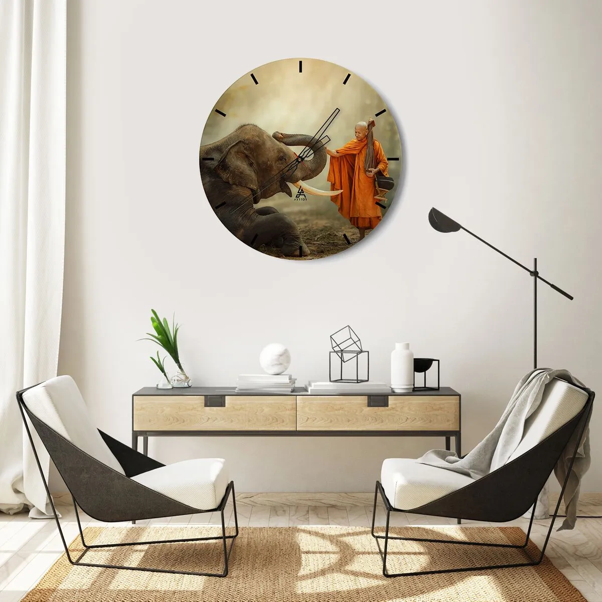 Nástenné hodiny - Budhistický mních a slon v pokojnom, prírodnom prostredí - 30x30cm - Stretnutie na cestách - Moderná nástenná dekorácia do obývacej izby, kuchyne a spálne ARTTOR