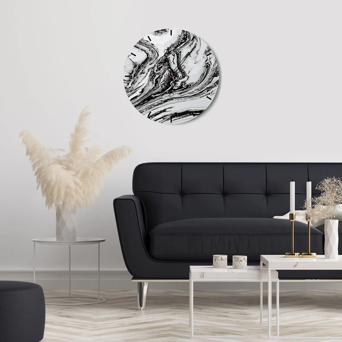 Nástenné hodiny - Abstraktný mramorový vzor v čiernej a bielej farbe - 30x30cm - Na začiatku bol chaos - Moderná nástenná dekorácia do obývacej izby, kuchyne a spálne ARTTOR
