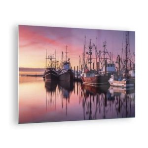 Obraz na skle - Rybárske lode pri západe slnka v tichom prístave - 70x50cm - Pred ďalším dňom - Moderná nástenná dekorácia do obývacej izby a spálne ARTTOR