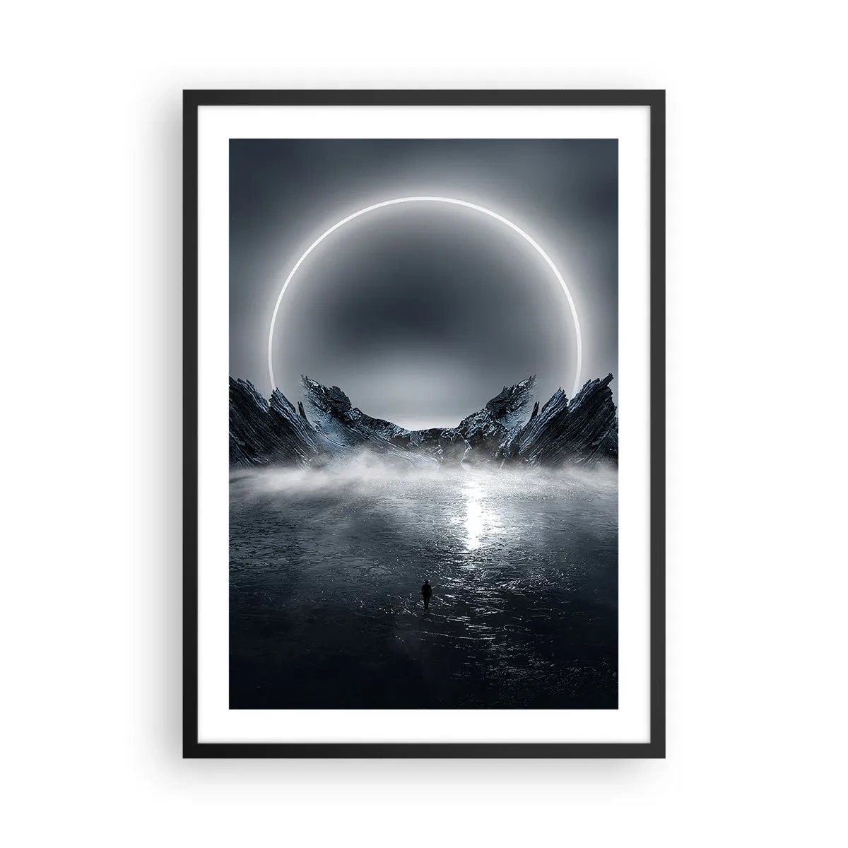Plagát v čiernom ráme - Tajomná krajina s jasným kruhom na oblohe - 50x70cm - Finále príbehu - Moderná nástenná dekorácia do obývacej izby a spálne ARTTOR