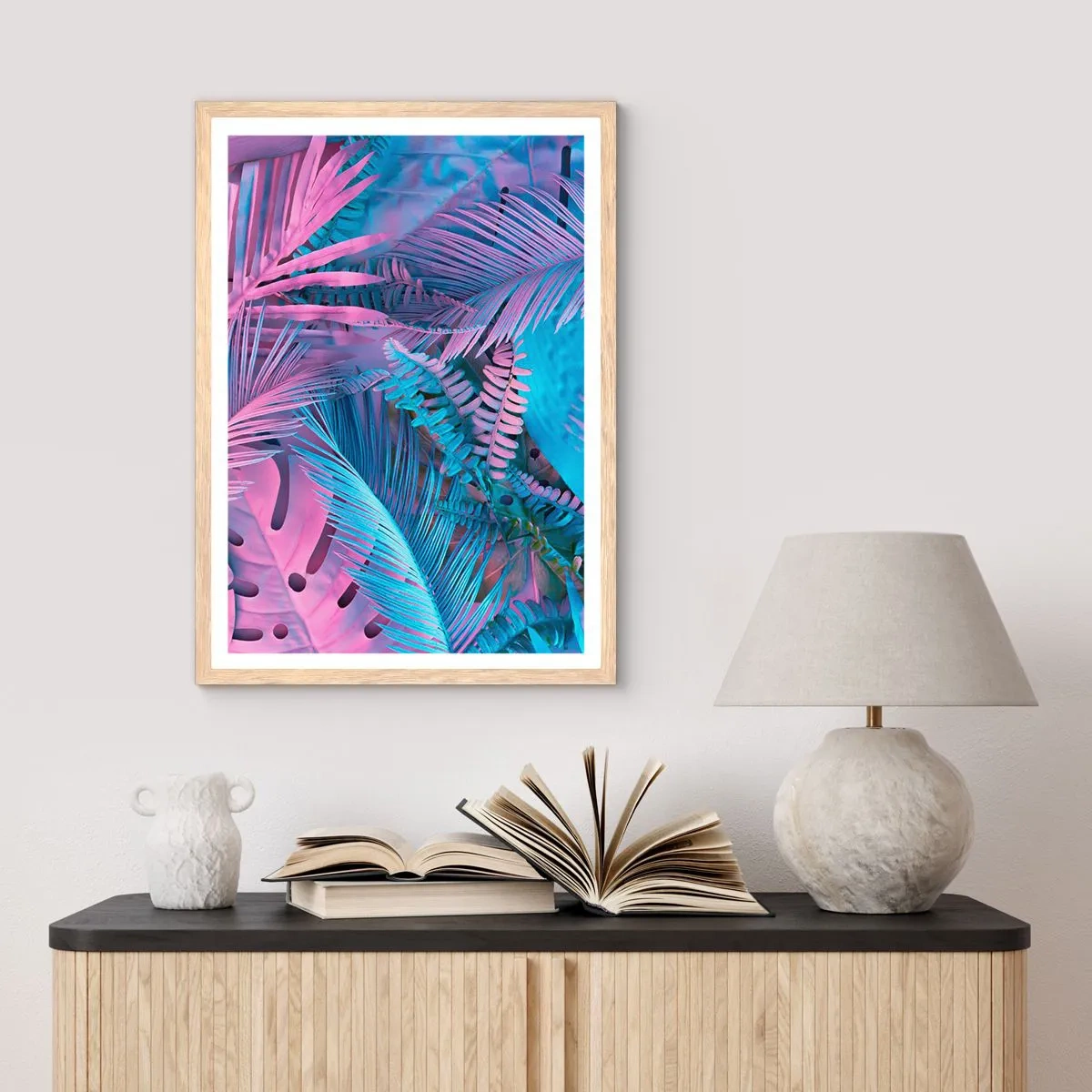 Plagát v ráme zo svetlého duba - Tropy v ružovej a modrej - 50x70 cm
