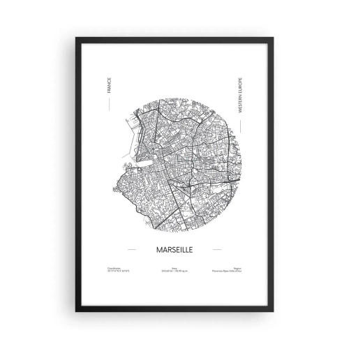 Plagát v čiernom ráme - Minimalistická mapa Marseille v kruhu - 50x70cm - Anatómia Marseille - Moderná nástenná dekorácia do obývacej izby a spálne ARTTOR