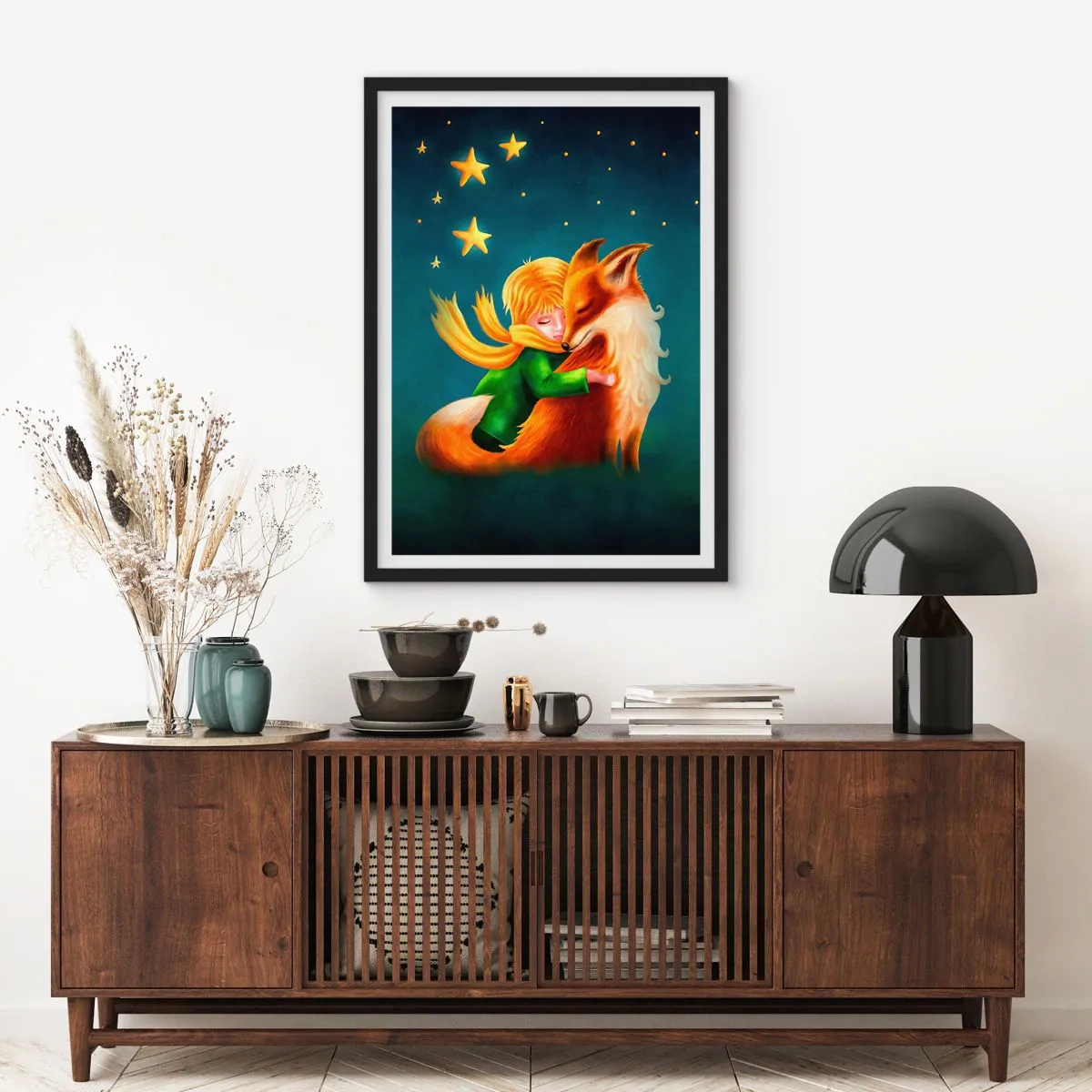 Plagát v čiernom ráme - Postava s líškou v magickej scenérii hviezd - 50x70cm - Malý princ - Moderná nástenná dekorácia do obývacej izby a spálne ARTTOR