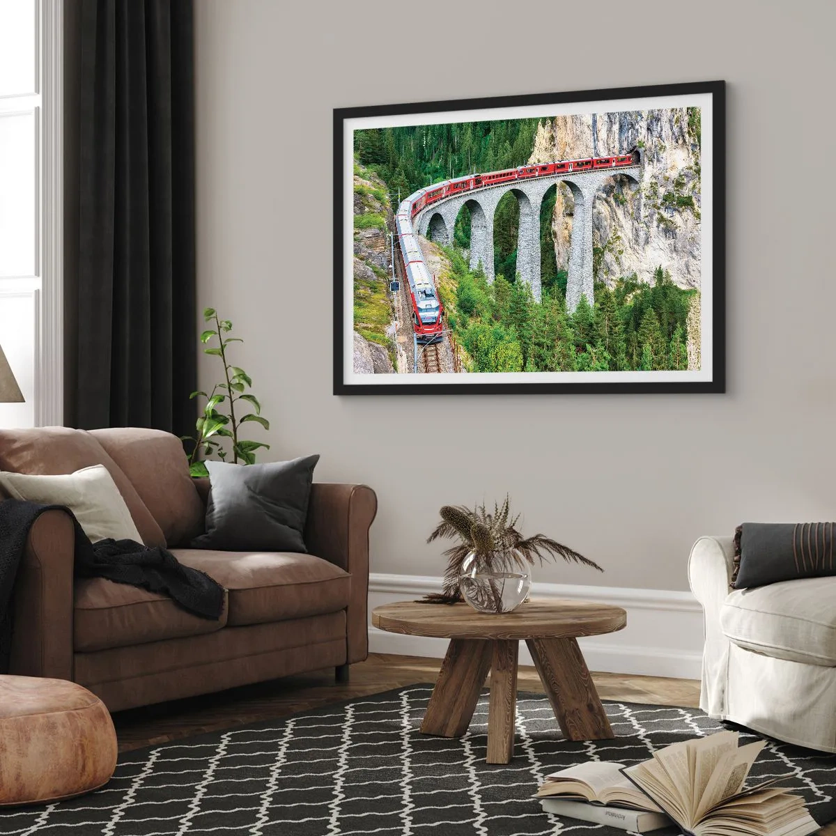 Plagát v čiernom ráme - Horský výhľad priamo z vlaku - 91x61 cm