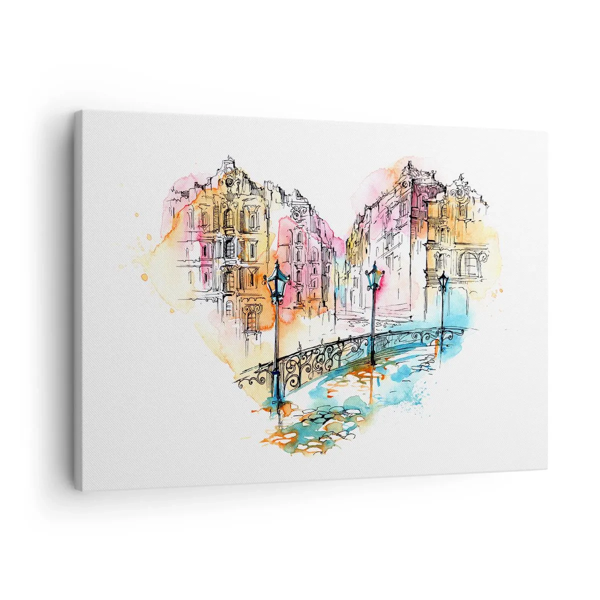 Obraz na plátne - Akvarel mosta a činžiakov v tvare srdca - 70x50cm - Srdce mesta - Moderná nástenná dekorácia do obývacej izby a spálne ARTTOR
