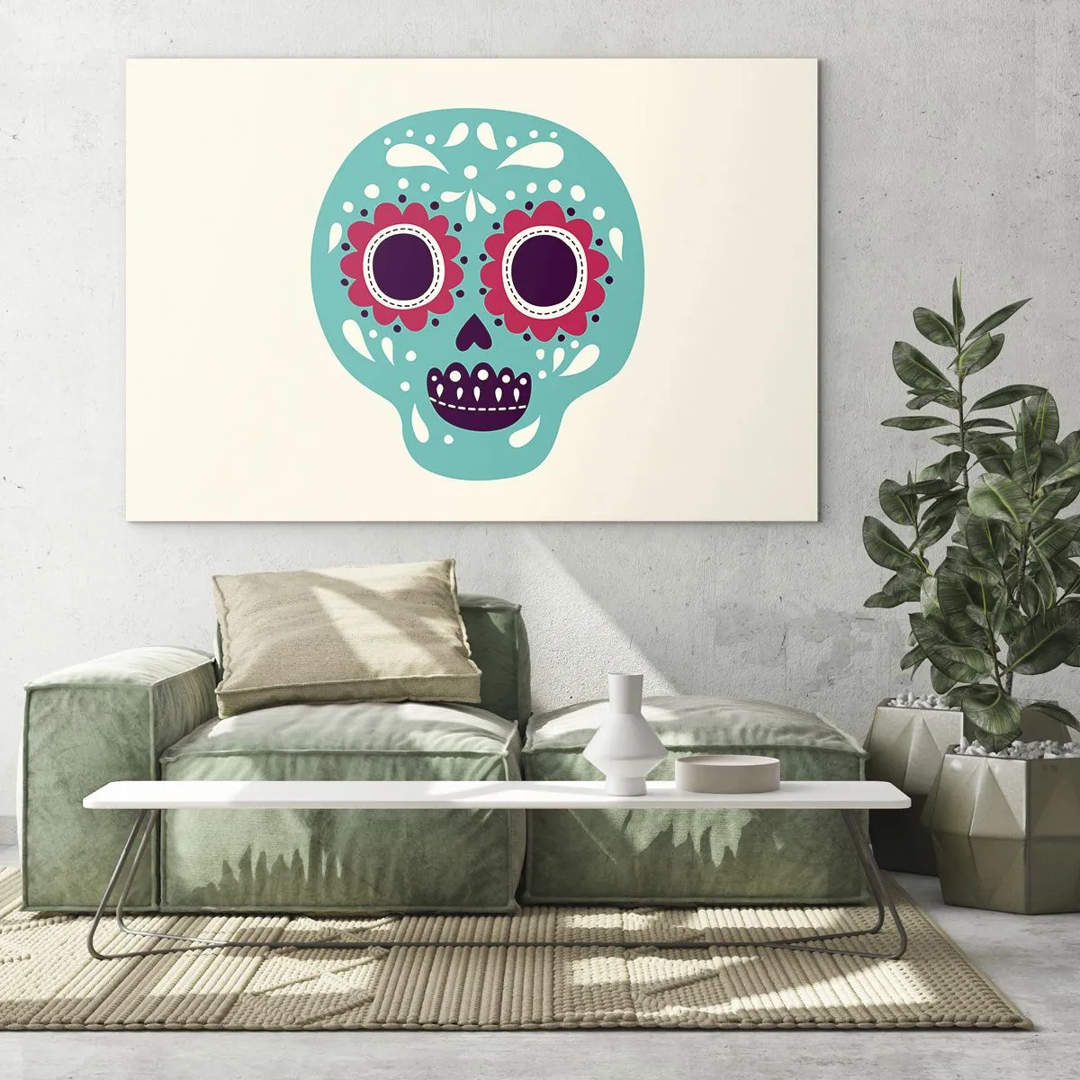 Obraz na skle - Farebná lebka zdobená vzormi na svetlom pozadí - 70x50cm - Život – zábava až do smrti - Moderná nástenná dekorácia do obývacej izby a spálne ARTTOR