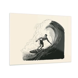 Obraz na skle - Surfer jazdiaci na vysokej vlne v retro štýle kreslenia - 70x50cm - Kráľ vĺn - Moderná nástenná dekorácia do obývacej izby a spálne ARTTOR