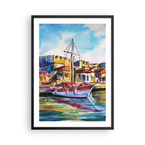 Plagát v čiernom ráme - Farebný akvarelový obraz jachty v prímorskom mestečku - 50x70cm - Dúhové popoludnie - Moderná nástenná dekorácia do obývacej izby a spálne ARTTOR