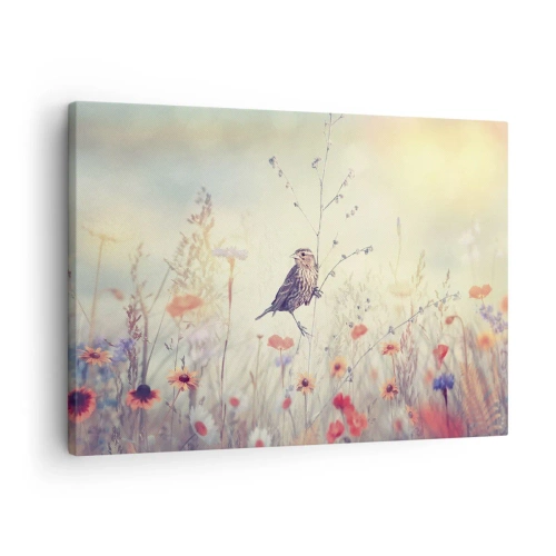 Obraz na plátne - Vták na pozadí farebnej lúky v pastelových farbách - 70x50cm - Portrét vtáka s lúkou v pozadí - Moderná nástenná dekorácia do obývacej izby a spálne ARTTOR