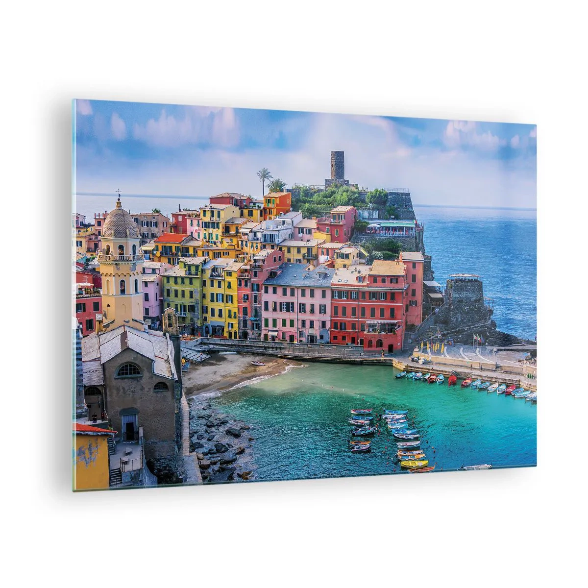 Obraz na skle - Farebné stredomorské mestečko pri modrom mori - 70x50cm - Stredomorské kúzelné mestečko - Moderná nástenná dekorácia do obývacej izby a spálne ARTTOR