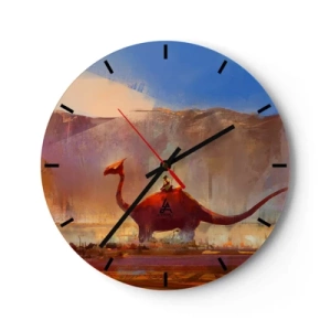 Nástenné hodiny - Fantastická krajina s dinosaurom na pozadí hôr - 30x30cm - Keby nevyhynuli - Moderná nástenná dekorácia do obývacej izby, kuchyne a spálne ARTTOR