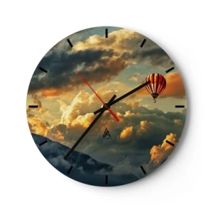 Nástenné hodiny - Balón vznášajúci sa medzi oblakmi pri západe slnka - 30x30cm - Letím, lebo chcem - Moderná nástenná dekorácia do obývacej izby, kuchyne a spálne ARTTOR
