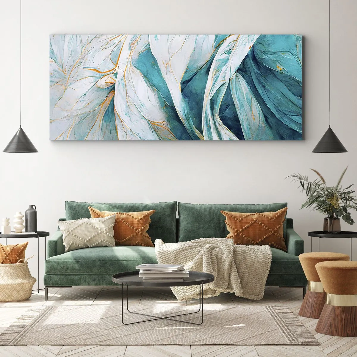 Obraz na plátne - Modrá abstrakcia so zlatým motívom - 100x40 cm