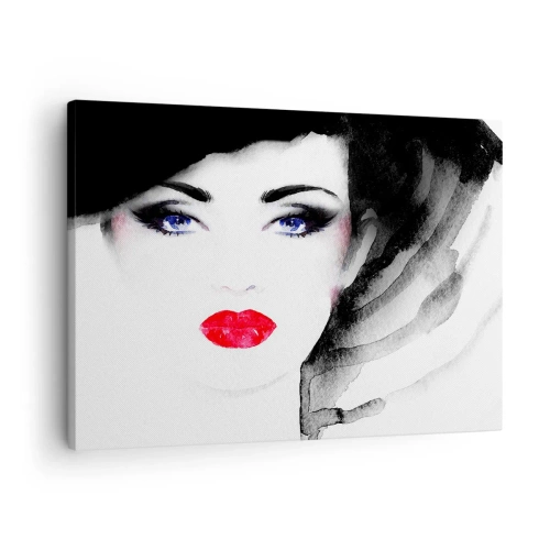 Obraz na plátne - Portrét ženy s červenými perami a intenzívne modrými očami - 70x50cm - Odháňa a privoláva - Moderná nástenná dekorácia do obývacej izby a spálne ARTTOR