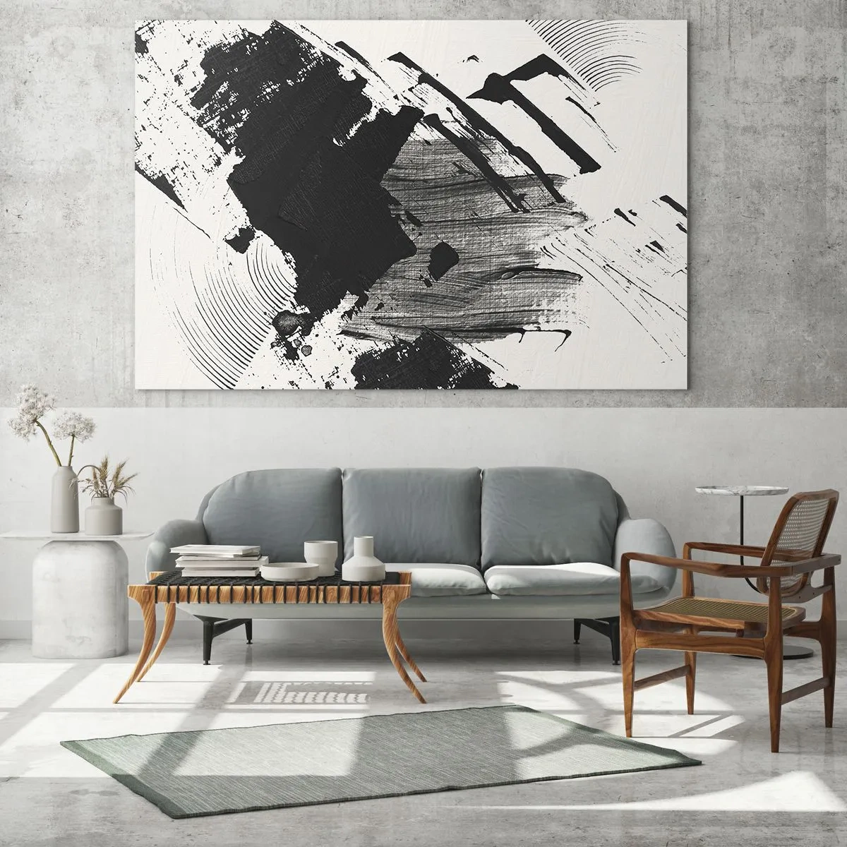 Obraz na skle - Expresívna abstrakcia v čiernobielej farbe s dynamickými ťahmi. - 70x50cm - Abstrakcia – expresia čiernej - Moderná nástenná dekorácia do obývacej izby a spálne ARTTOR
