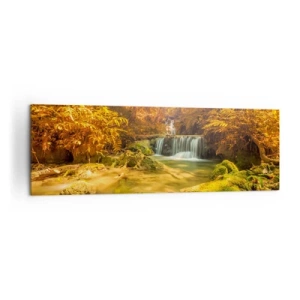 Obraz na plátne - Lesný vodopád v zlate - 160x50 cm