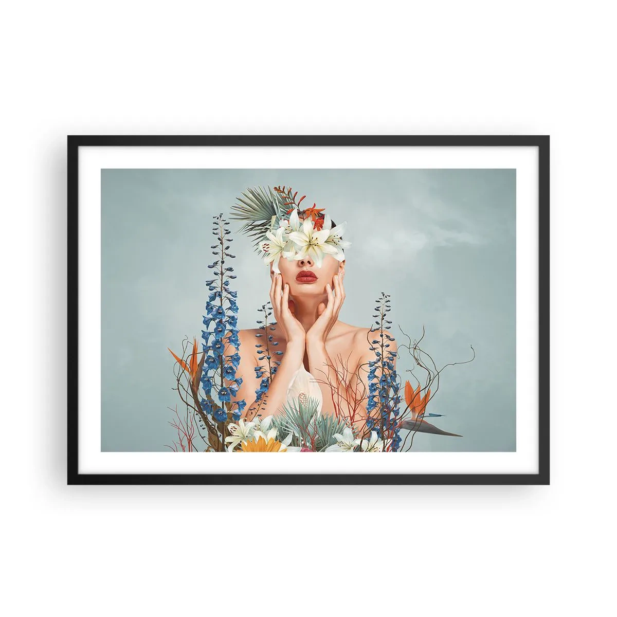 Plagát v čiernom ráme - Žena – kvetina - 70x50 cm