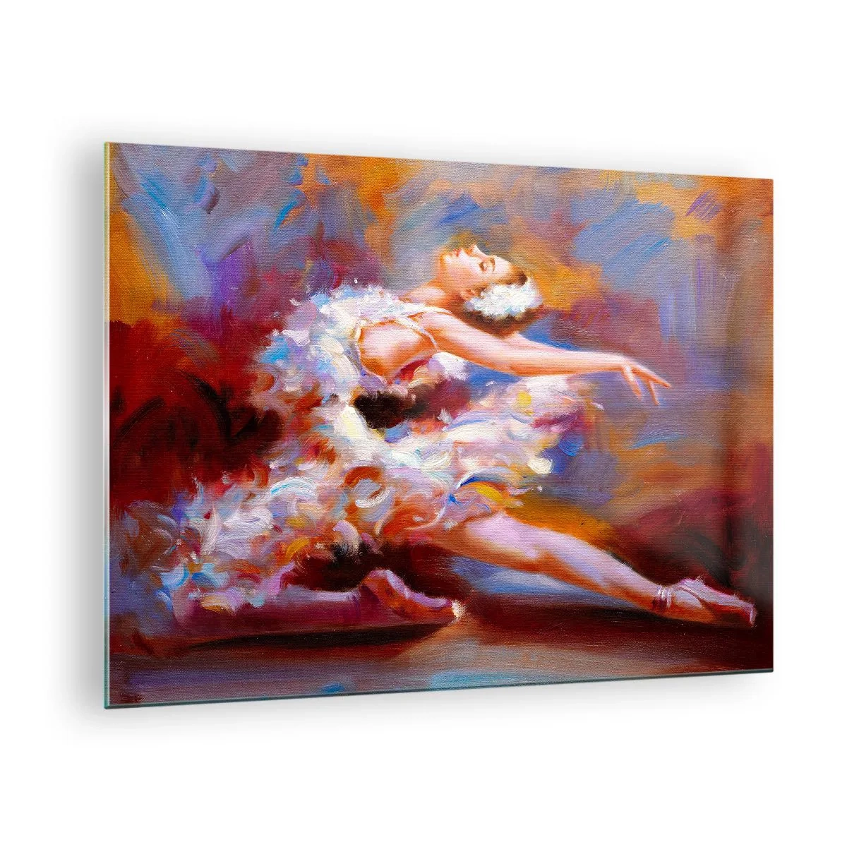 Obraz na skle - Baletka v dynamickej póze na pozadí abstraktných farieb. - 70x50cm - Labutia elegancia - Moderná nástenná dekorácia do obývacej izby a spálne ARTTOR