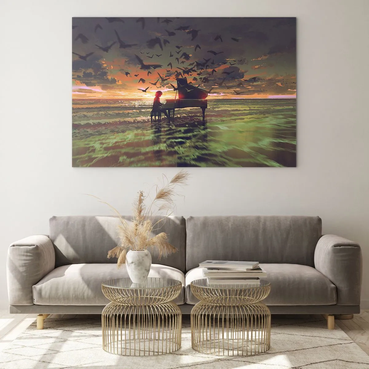 Obraz na skle - Klavirista hrá na klavíri na pláži pri západe slnka - 70x50cm - Koncert na piano a vlny - Moderná nástenná dekorácia do obývacej izby a spálne ARTTOR