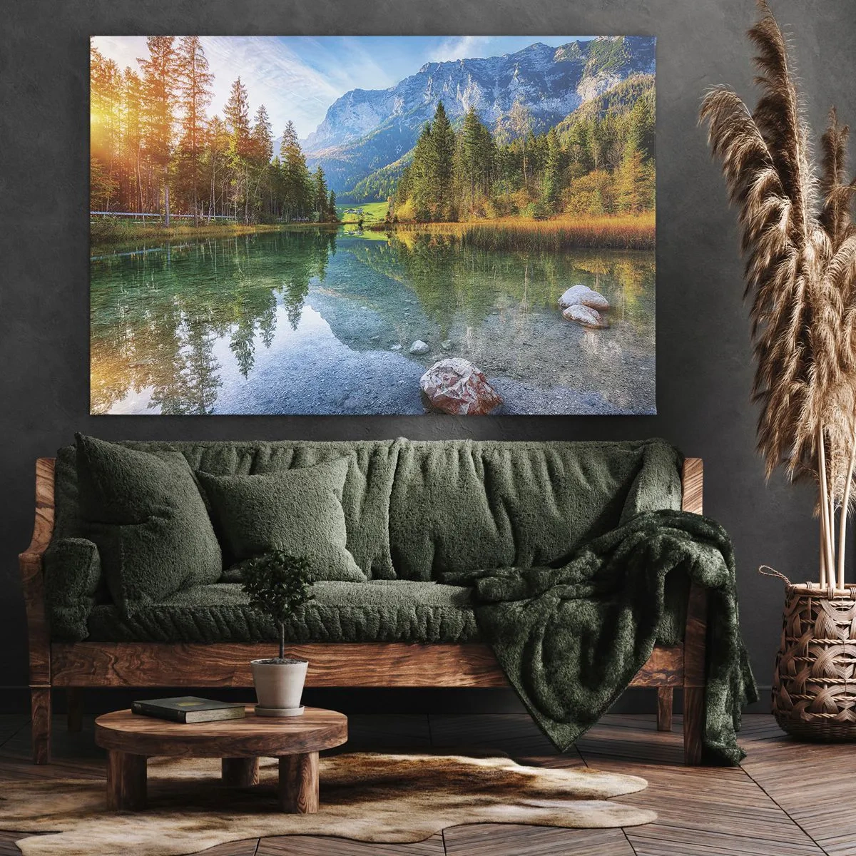 Obraz na plátne - Malebné jazero obklopené horami a lesmi - 70x50cm - Nežnosť jesene - Moderná nástenná dekorácia do obývacej izby a spálne ARTTOR