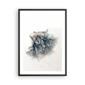 Plagát v čiernom ráme - Ženská tvár s konármi tvoriacimi vlasy v surrealistickom štýle. - 50x70cm - Očarená šepotom stromu - Moderná nástenná dekorácia do obývacej izby a spálne ARTTOR