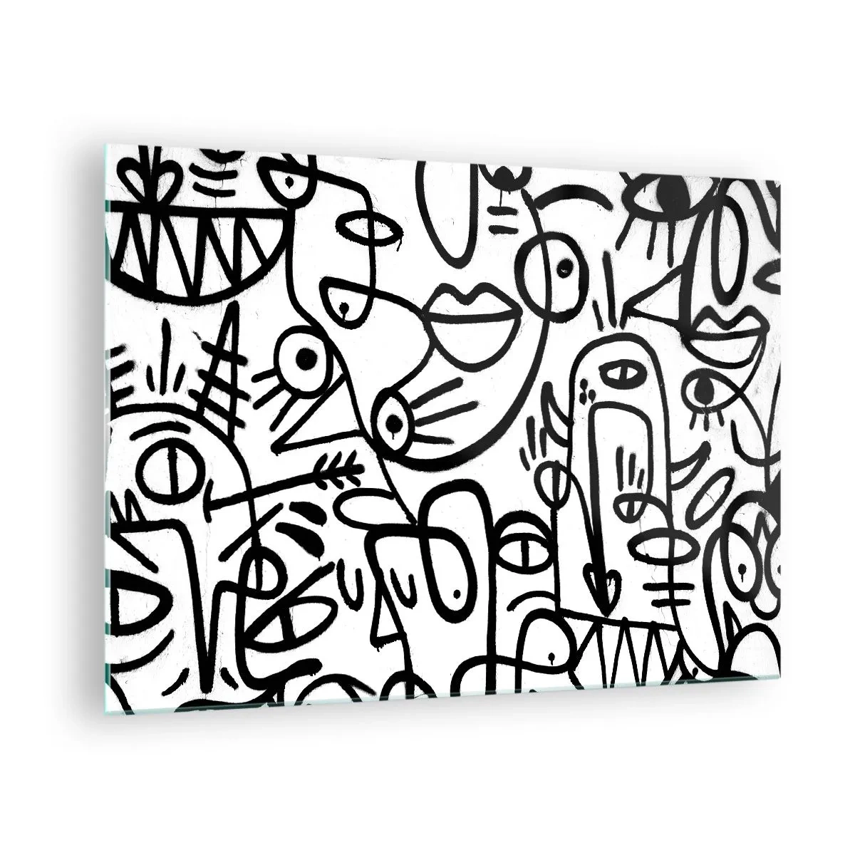 Obraz na skle - Čiernobiela abstrakcia s očami, tvárami a čiarami - 70x50cm - Tváre a preludy - Moderná nástenná dekorácia do obývacej izby a spálne ARTTOR