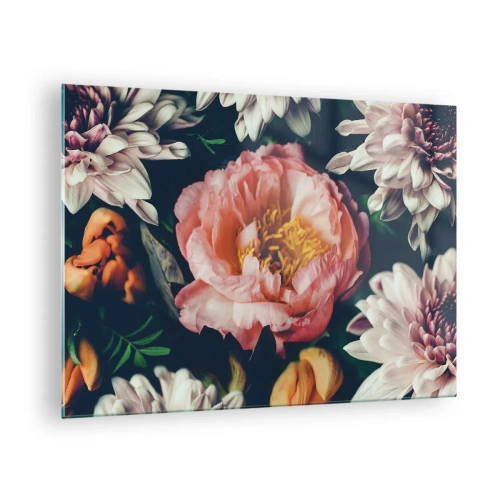 Obraz na skle - Detailný záber na pivonky a chryzantémy v pastelových odtieňoch - 70x50cm - S barokovým prepychom - Moderná nástenná dekorácia do obývacej izby a spálne ARTTOR
