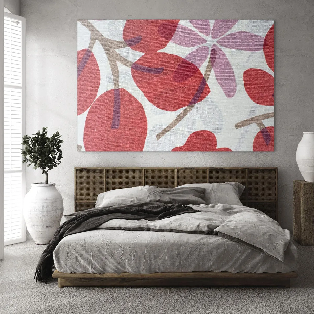 Obraz na skle - Ružové a červené listy a kvety na svetlom pozadí - 70x50cm - Kvetinová kompozícia v ružovej - Moderná nástenná dekorácia do obývacej izby a spálne ARTTOR