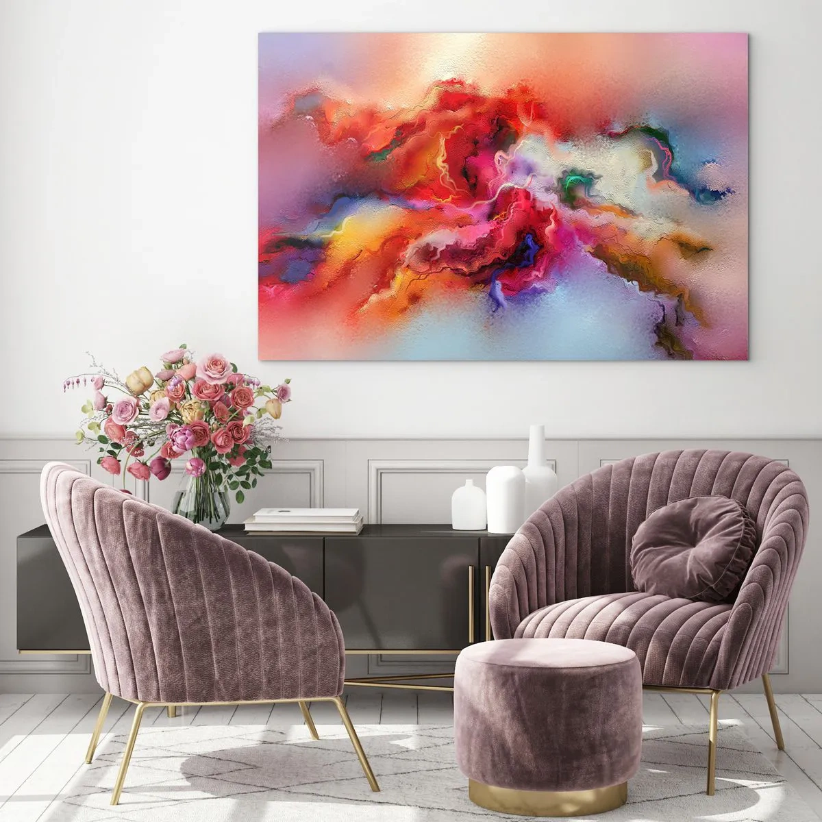 Obraz na skle - Farebná abstrakcia pripomínajúca víriace dymové stopy. - 70x50cm - Ako zachytiť sny - dym - Moderná nástenná dekorácia do obývacej izby a spálne ARTTOR
