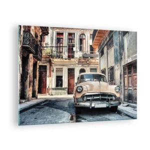 Obraz na skle - Retro auto na ulici starého mesta - 70x50cm - Siesta v Havane - Moderná nástenná dekorácia do obývacej izby a spálne ARTTOR