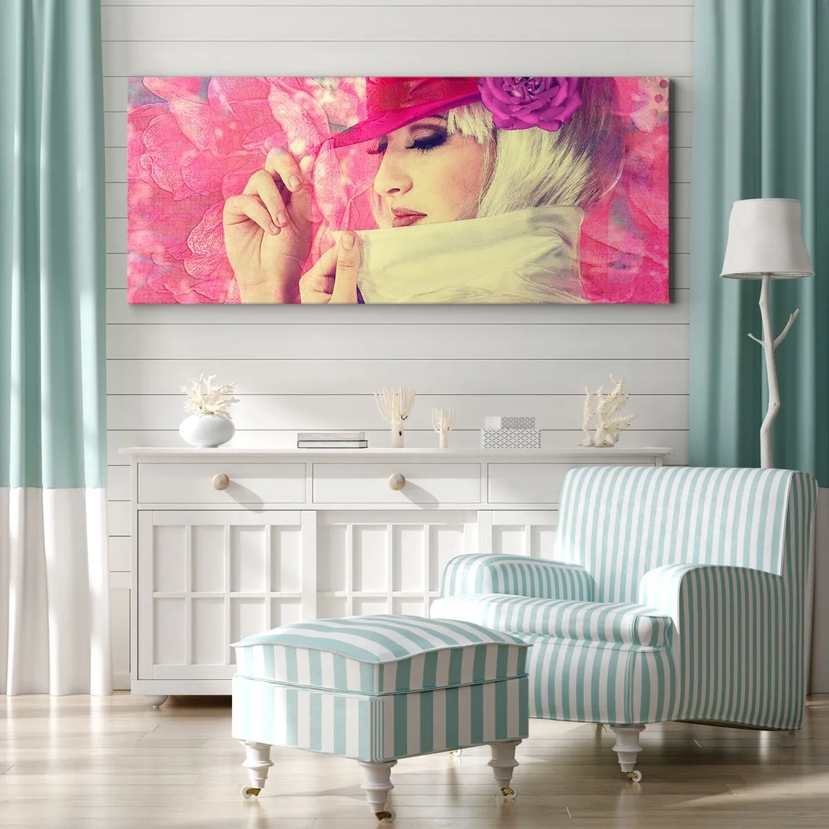 Obraz na plátne - Retro portrét v ružovej hmle - 140x50 cm