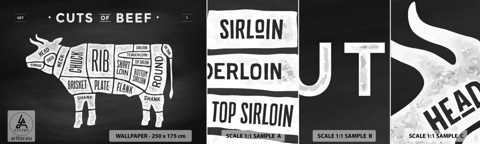 Vzorka samolepiacej fototapety Deluxe Sticker - Šlabikár mäsiara - Gastronómia, Bull, Hovädzie mäso - 100x30 cm