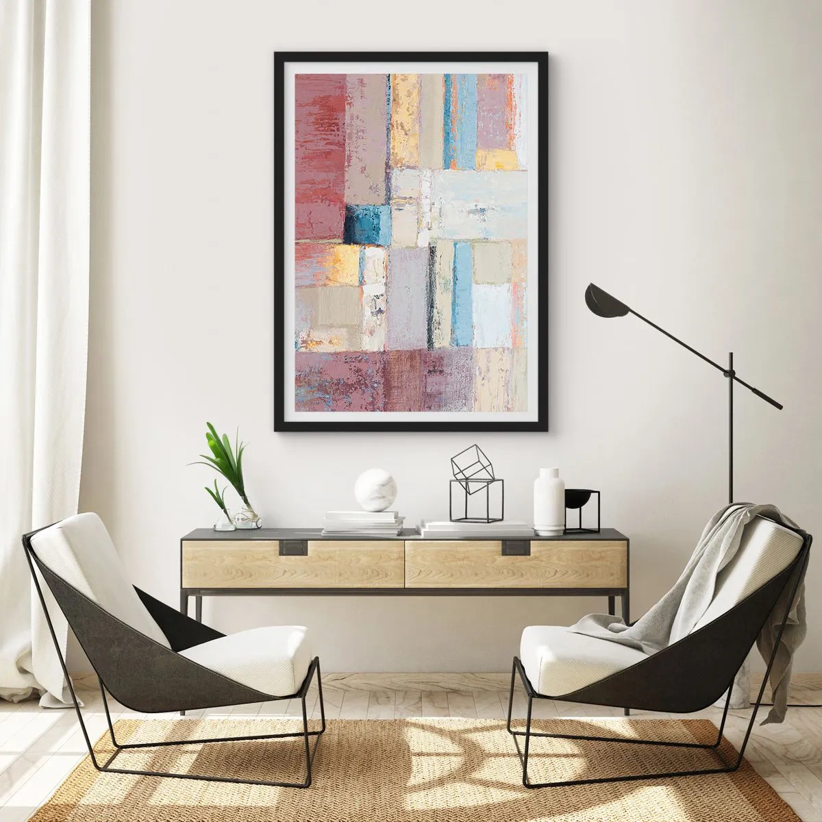 Plagát v čiernom ráme - Abstraktná geometrická kompozícia v pastelových farbách - 50x70cm - Kľud geometrie - Moderná nástenná dekorácia do obývacej izby a spálne ARTTOR