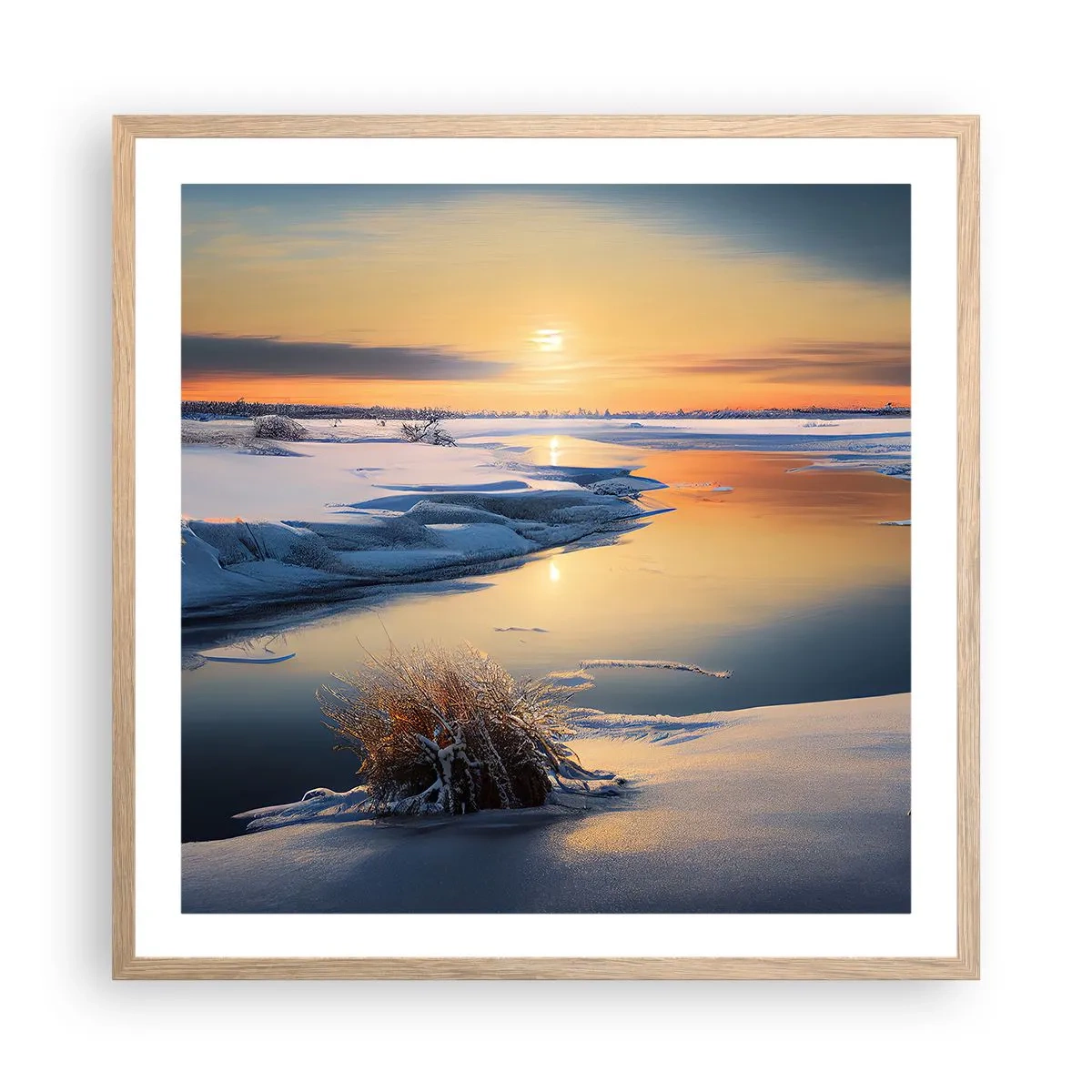 Plagát v ráme zo svetlého duba - Zimný západ slnka - 60x60 cm