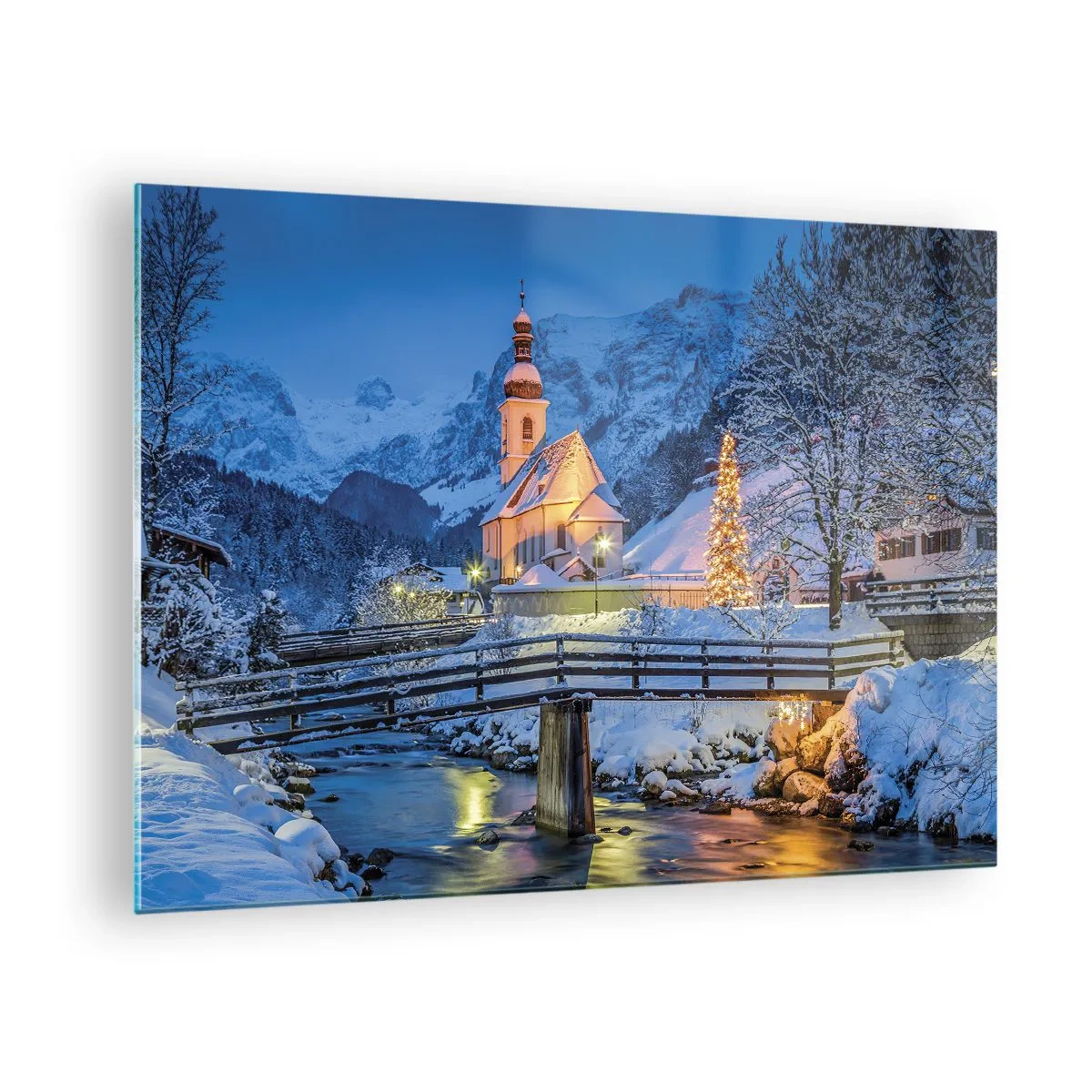 Obraz na skle - Vianočná krajina v zimnom prostredí - 70x50cm - Duch Vianoc - Moderná nástenná dekorácia do obývacej izby a spálne ARTTOR