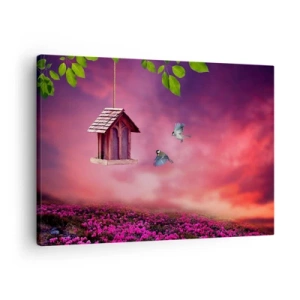 Obraz na plátne - Malebná krajina s vtáčou búdkou a západom slnka - 70x50cm - Pozvanie na večeru - Moderná nástenná dekorácia do obývacej izby a spálne ARTTOR