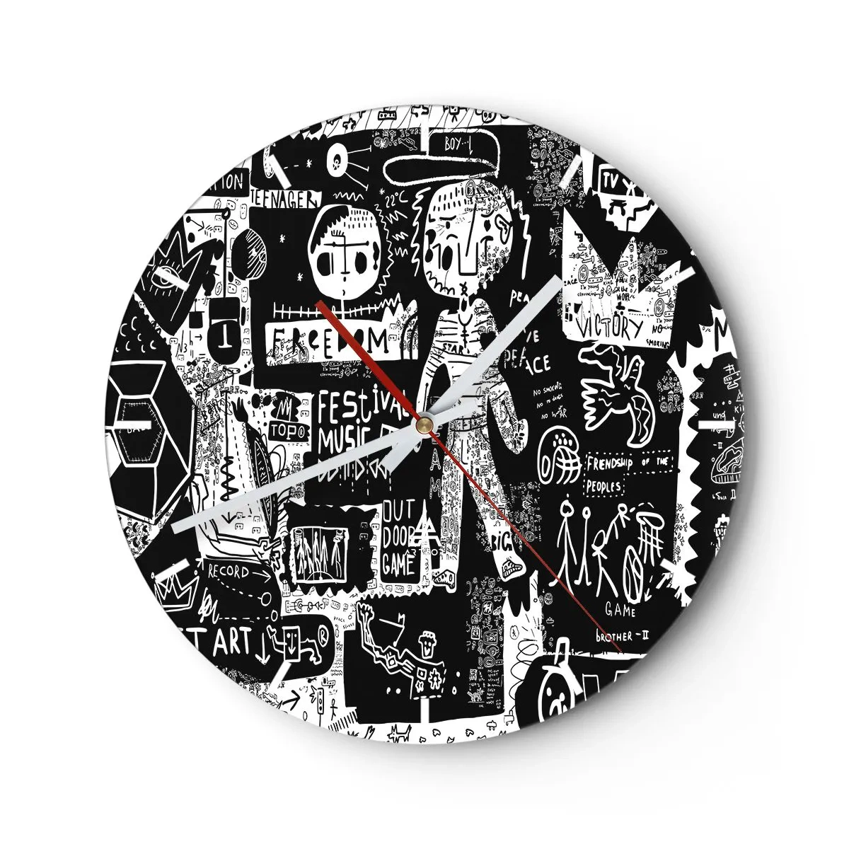 Nástenné hodiny - Ciferník hodín s dynamickým čiernobielym umeleckým motívom čmáraníc. - 30x30cm - Práva a radosti duševnej mladosti - Moderná nástenná dekorácia do obývacej izby, kuchyne a spálne ARTTOR