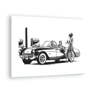 Obraz na skle - Kreatívna grafika s klasickým autom a postavami - 70x50cm - 60. - bezstarostná Amerika - Moderná nástenná dekorácia do obývacej izby a spálne ARTTOR