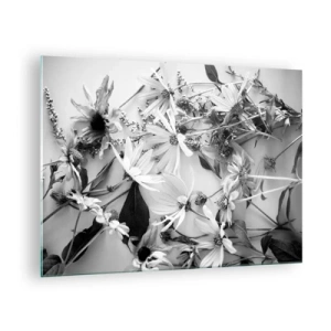Obraz na skle - Roztrúsené čiernobiele kvety v umeleckom aranžmáne - 70x50cm - Kvety bez kytice - Moderná nástenná dekorácia do obývacej izby a spálne ARTTOR