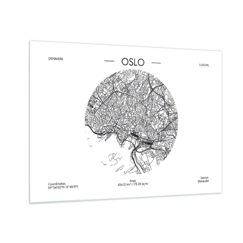 Obraz na skle - Mapa mesta Oslo v čiernobielom grafickom štýle - 70x50cm - Anatómia Osla - Moderná nástenná dekorácia do obývacej izby a spálne ARTTOR