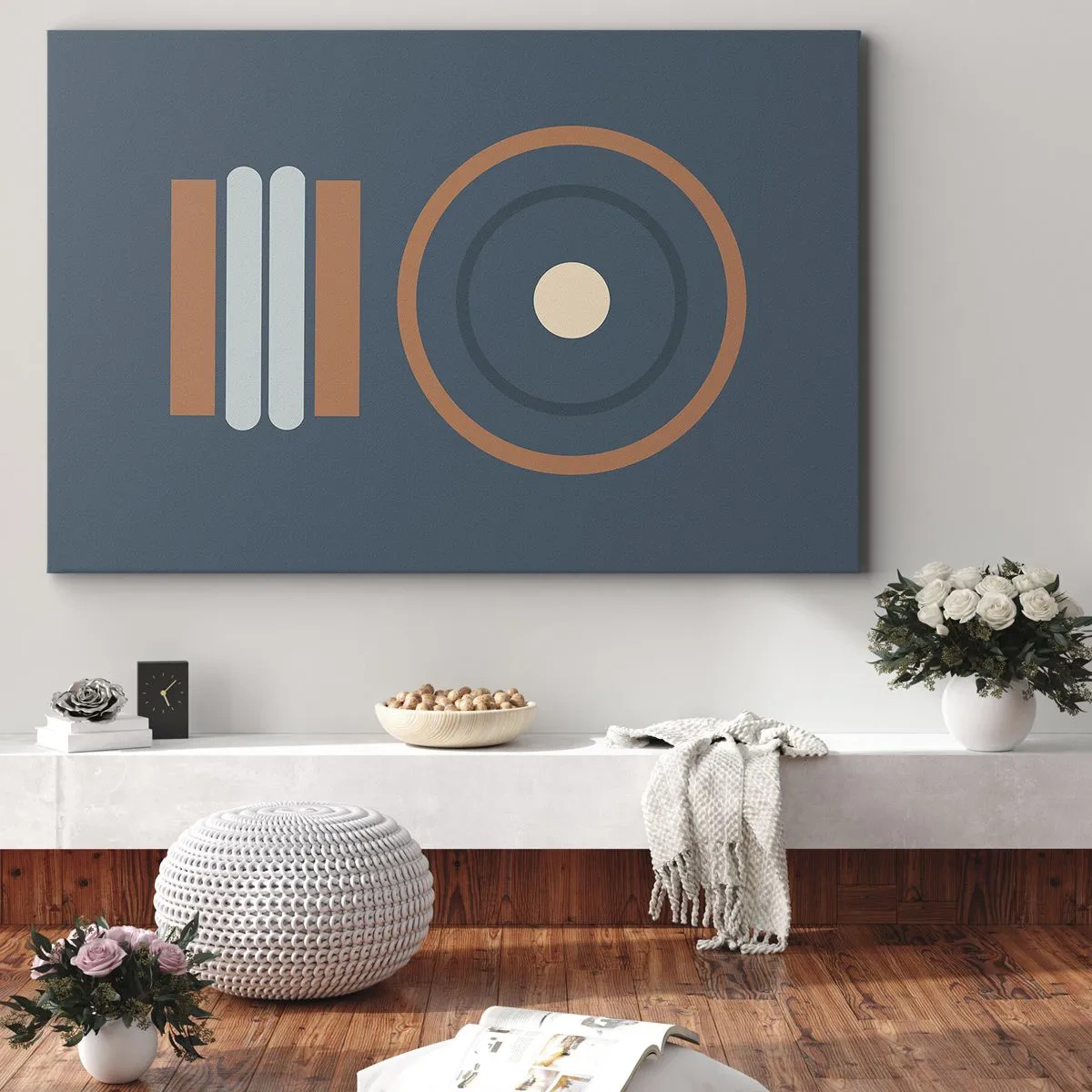 Obraz na plátne - Geometrická kompozícia s kruhmi a obdĺžnikmi v tlmených farbách. - 70x50cm - Podstata vecí - Moderná nástenná dekorácia do obývacej izby a spálne ARTTOR