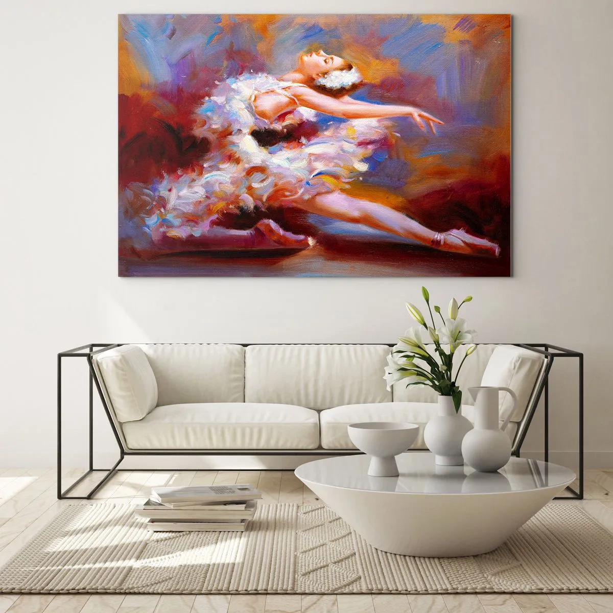 Obraz na skle - Baletka v dynamickej póze na pozadí abstraktných farieb. - 70x50cm - Labutia elegancia - Moderná nástenná dekorácia do obývacej izby a spálne ARTTOR